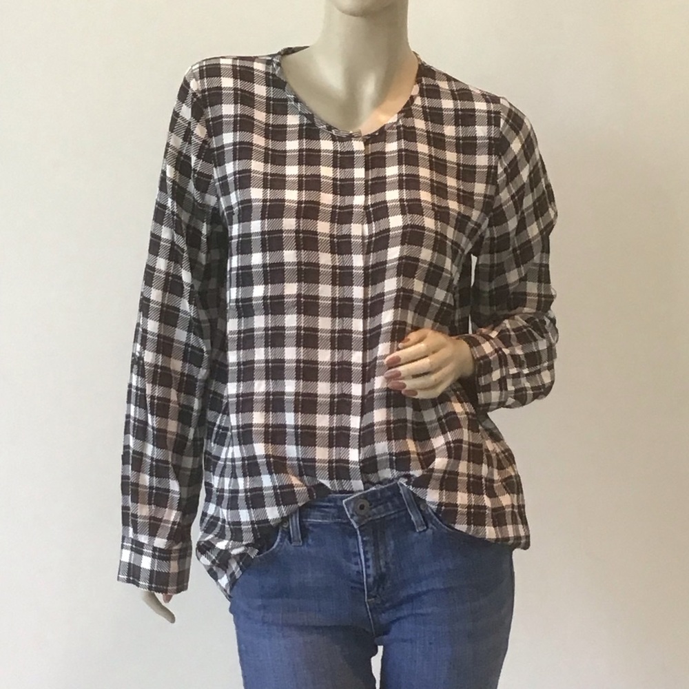 Joie‎ Navy Blue White Buffalo Check Plaid Silk Blouse Shirt S 4 6